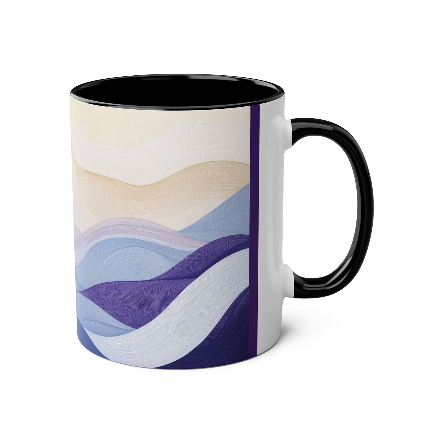 Zweifarbige Kaffeetasse „Tranquil Sunrise“, 11 oz – Friedliches Landschaftsdesign mit drei Akzentfarben zur Auswahl