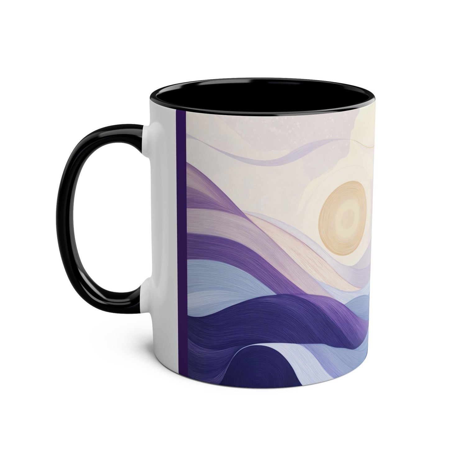 Zweifarbige Kaffeetasse „Tranquil Sunrise“, 11 oz – Friedliches Landschaftsdesign mit drei Akzentfarben zur Auswahl