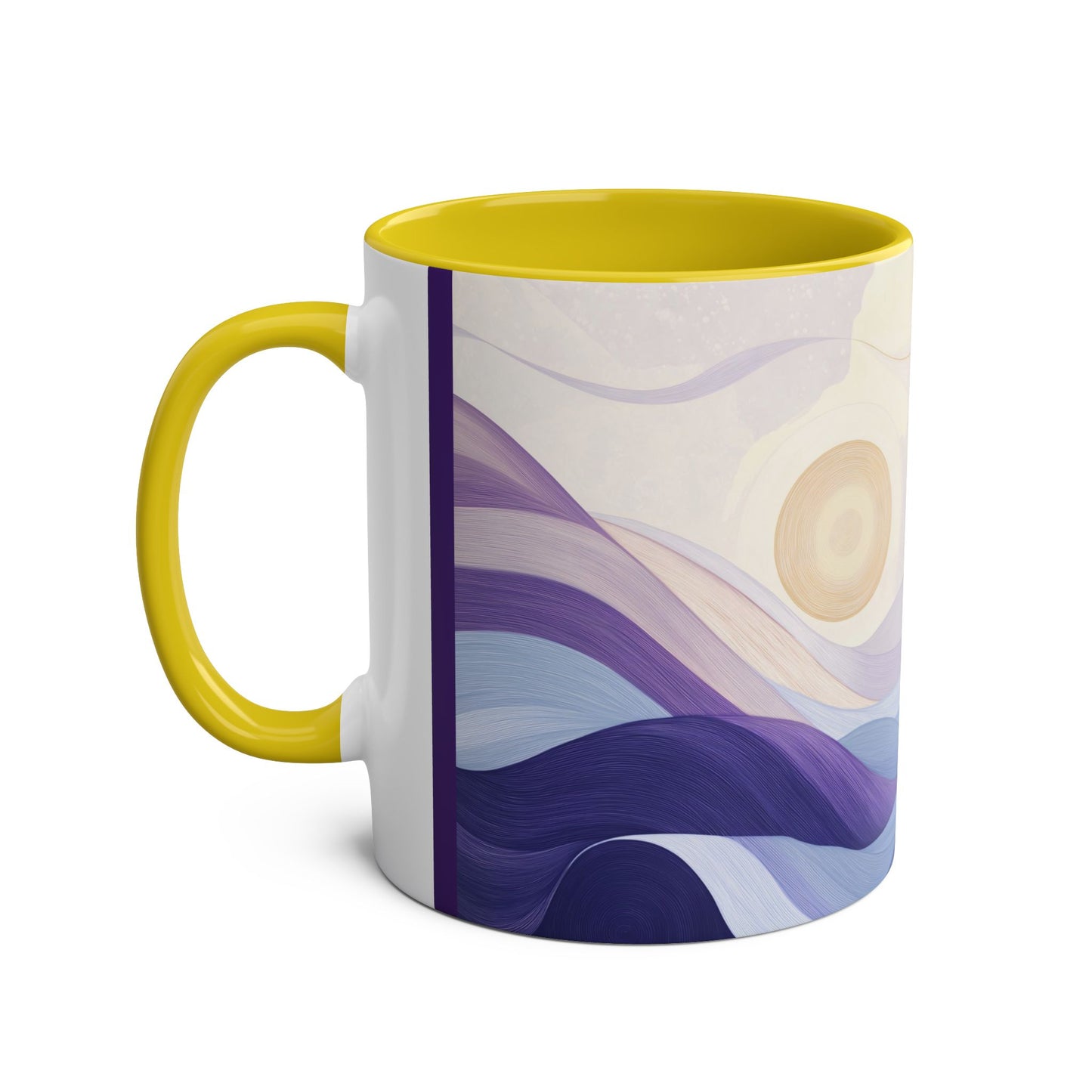 Zweifarbige Kaffeetasse „Tranquil Sunrise“, 11 oz – Friedliches Landschaftsdesign mit drei Akzentfarben zur Auswahl