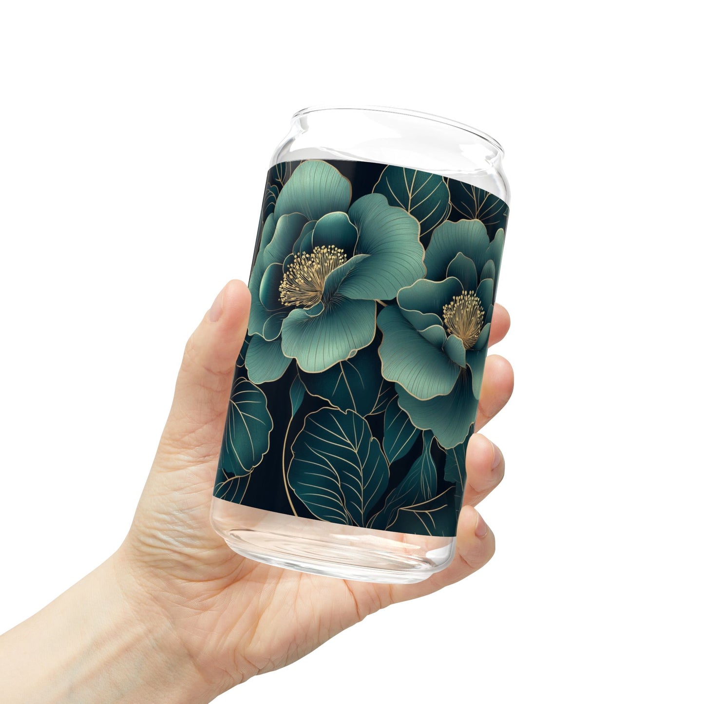 Trinkglas mit Blumenmuster | 16 oz | Klares gehärtetes Glas mit optionalem Bambusdeckel und Strohhalm