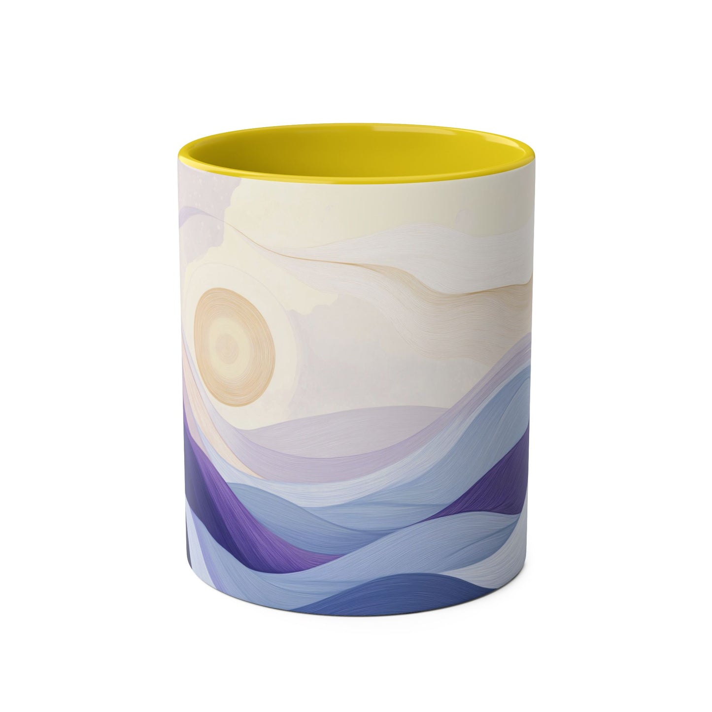 Zweifarbige Kaffeetasse „Tranquil Sunrise“, 11 oz – Friedliches Landschaftsdesign mit drei Akzentfarben zur Auswahl