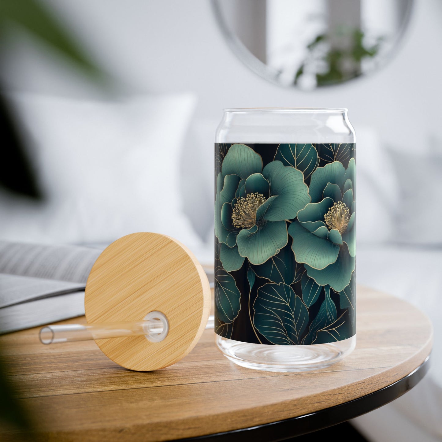 Trinkglas mit Blumenmuster | 16 oz | Klares gehärtetes Glas mit optionalem Bambusdeckel und Strohhalm