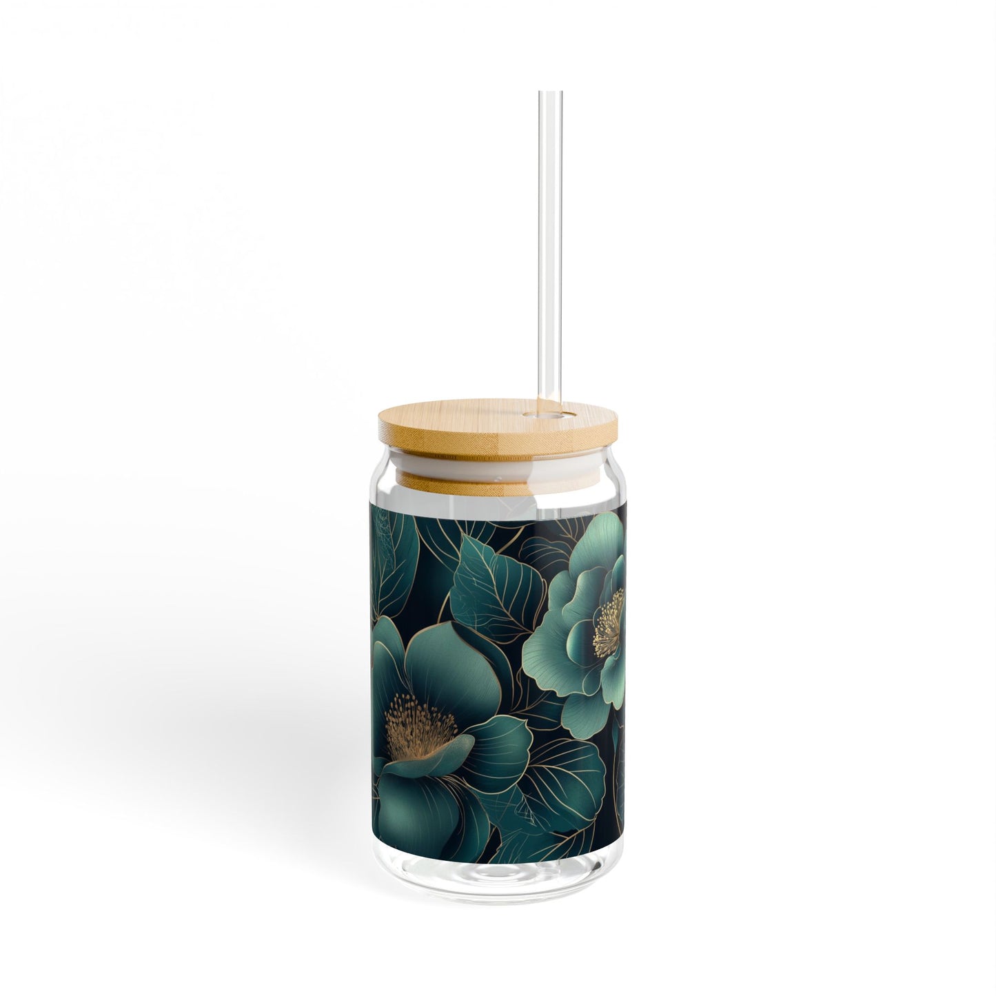 Trinkglas mit Blumenmuster | 16 oz | Klares gehärtetes Glas mit optionalem Bambusdeckel und Strohhalm