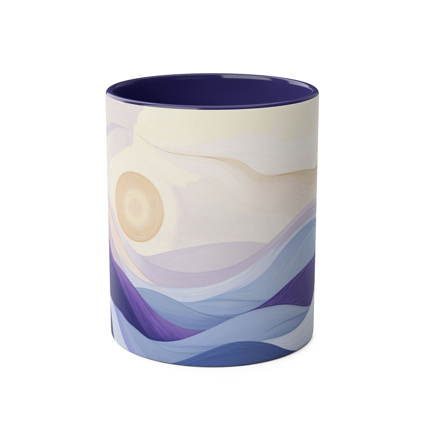 Zweifarbige Kaffeetasse „Tranquil Sunrise“, 11 oz – Friedliches Landschaftsdesign mit drei Akzentfarben zur Auswahl