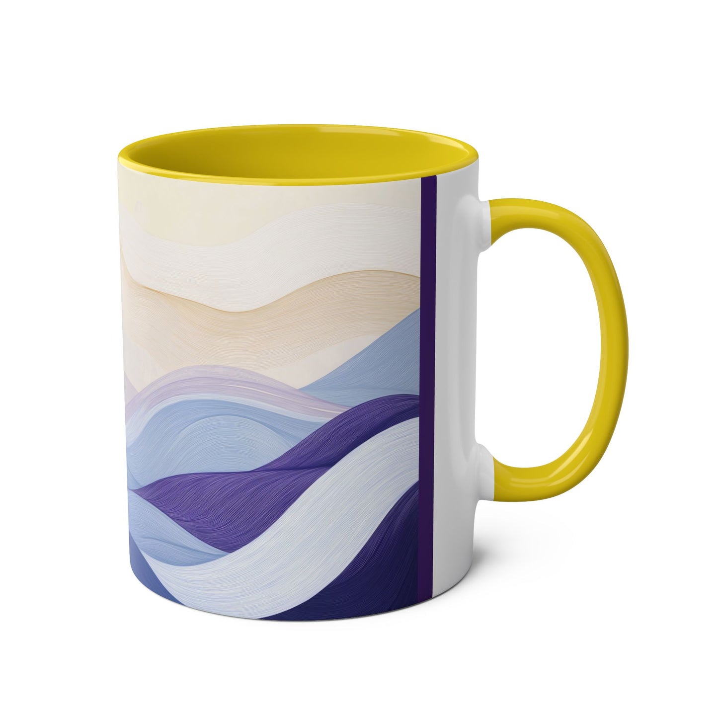 Zweifarbige Kaffeetasse „Tranquil Sunrise“, 11 oz – Friedliches Landschaftsdesign mit drei Akzentfarben zur Auswahl