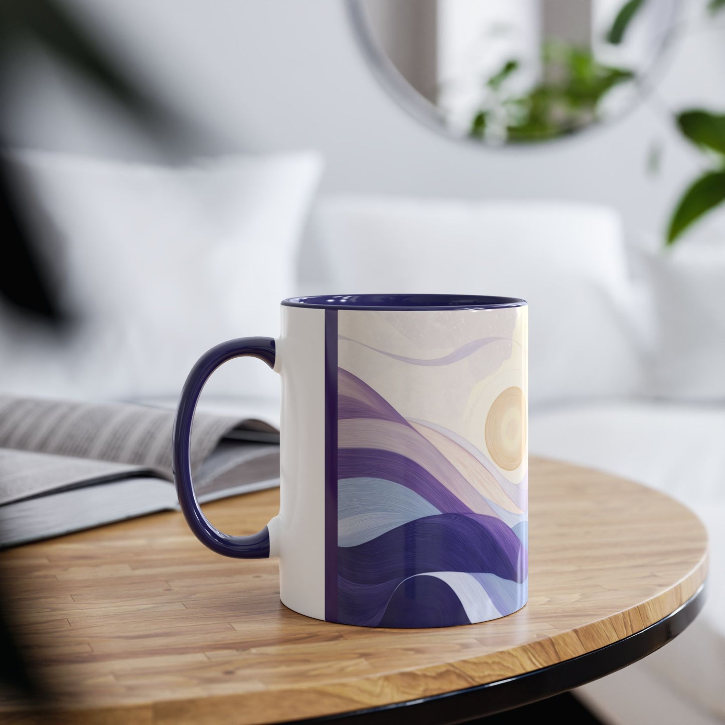 Zweifarbige Kaffeetasse „Tranquil Sunrise“, 11 oz – Friedliches Landschaftsdesign mit drei Akzentfarben zur Auswahl