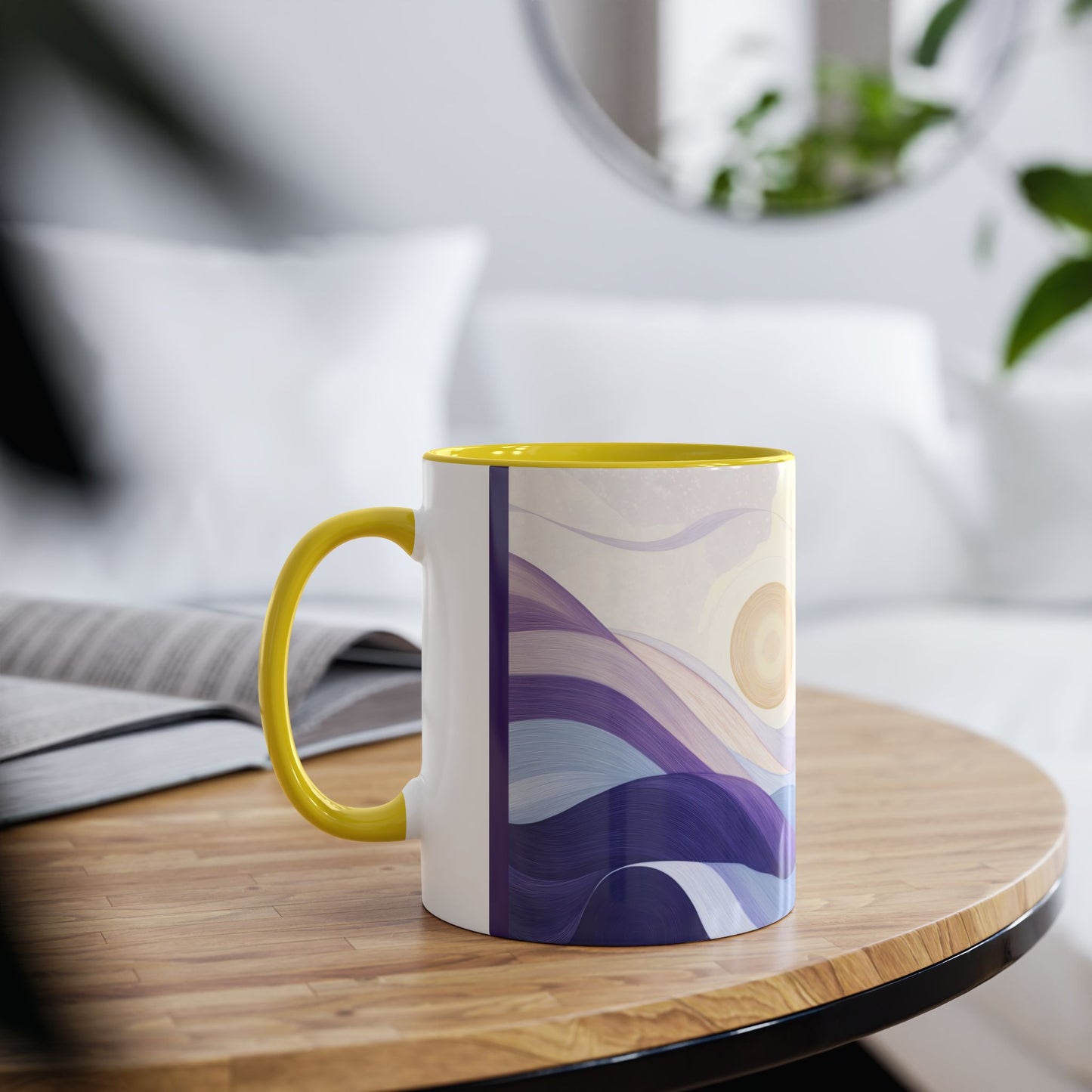 Zweifarbige Kaffeetasse „Tranquil Sunrise“, 11 oz – Friedliches Landschaftsdesign mit drei Akzentfarben zur Auswahl