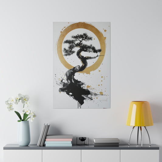 Zen Bonsai Canvas Wall Art – Eco-Friendly Black & Gold Tree Design for Inner Peace