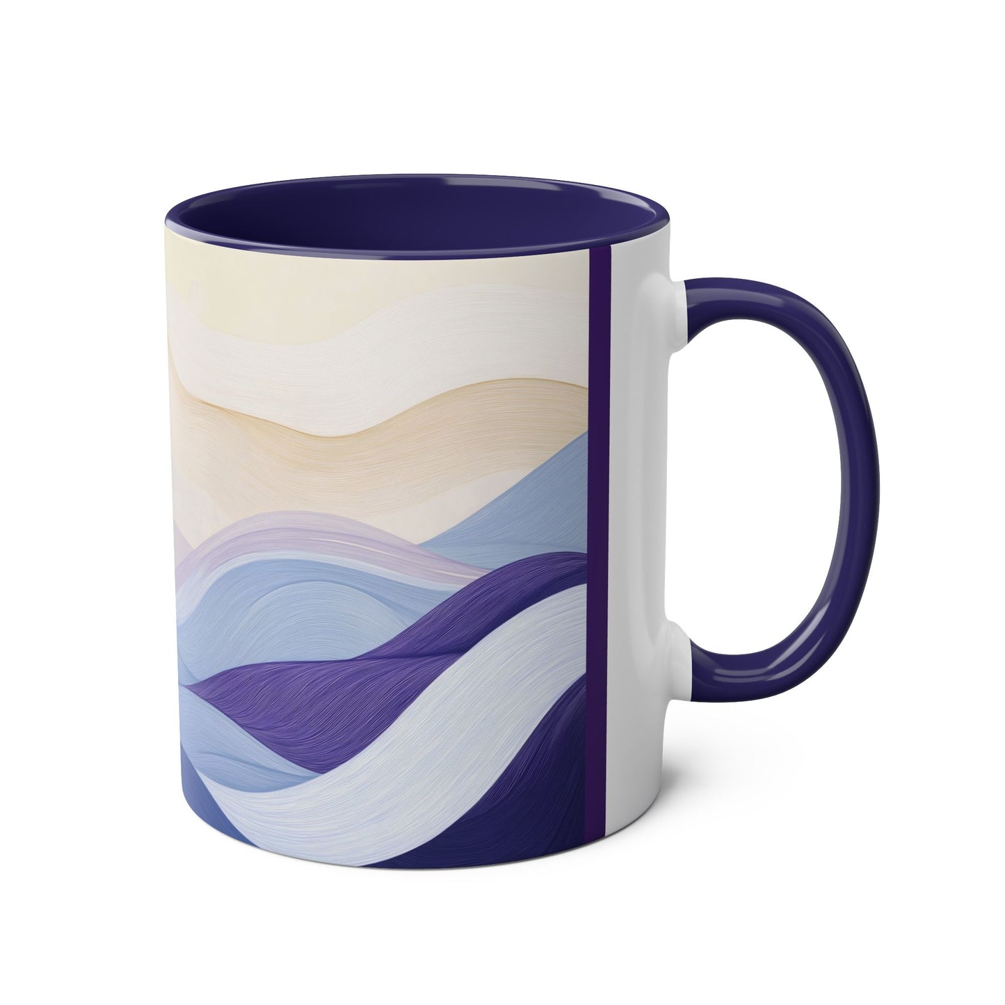 Zweifarbige Kaffeetasse „Tranquil Sunrise“, 11 oz – Friedliches Landschaftsdesign mit drei Akzentfarben zur Auswahl