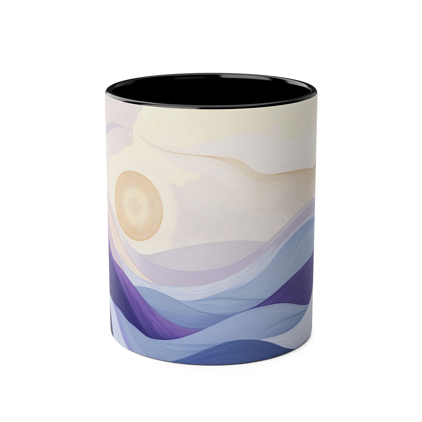 Zweifarbige Kaffeetasse „Tranquil Sunrise“, 11 oz – Friedliches Landschaftsdesign mit drei Akzentfarben zur Auswahl