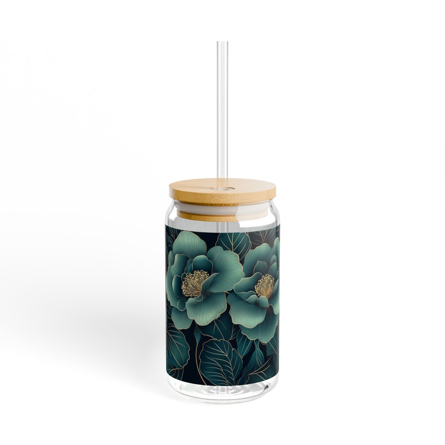 Trinkglas mit Blumenmuster | 16 oz | Klares gehärtetes Glas mit optionalem Bambusdeckel und Strohhalm