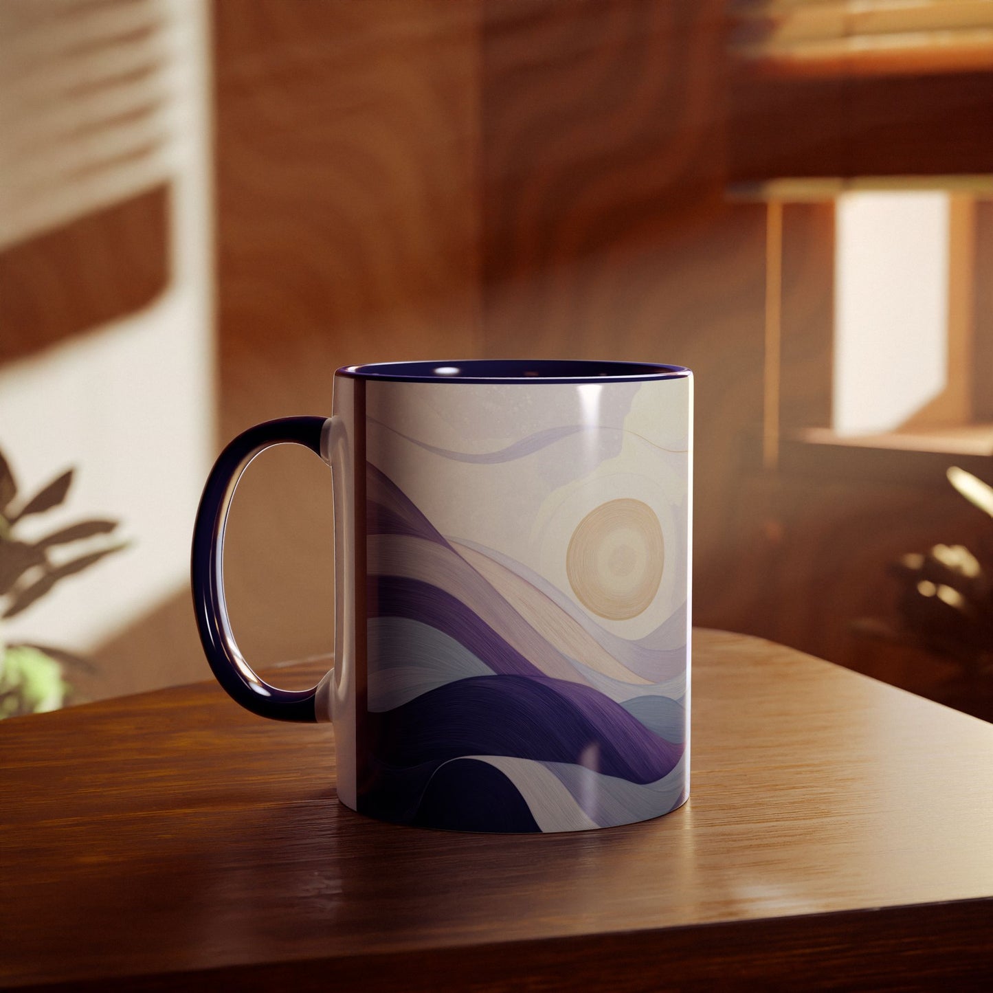 Zweifarbige Kaffeetasse „Tranquil Sunrise“, 11 oz – Friedliches Landschaftsdesign mit drei Akzentfarben zur Auswahl