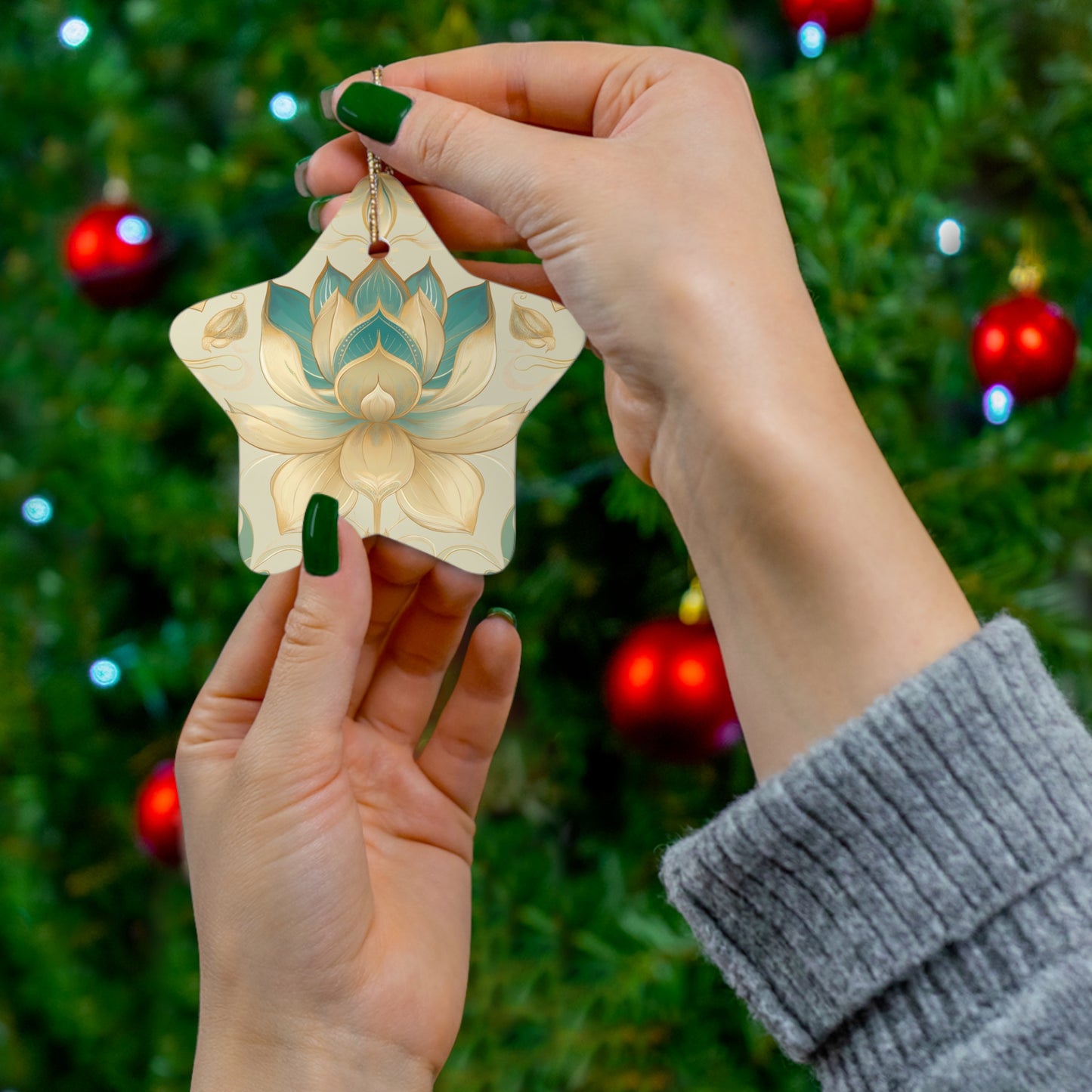 Lotus Blossom Ceramic Christmas Ornament | Star Shape | 4 Shapes Available