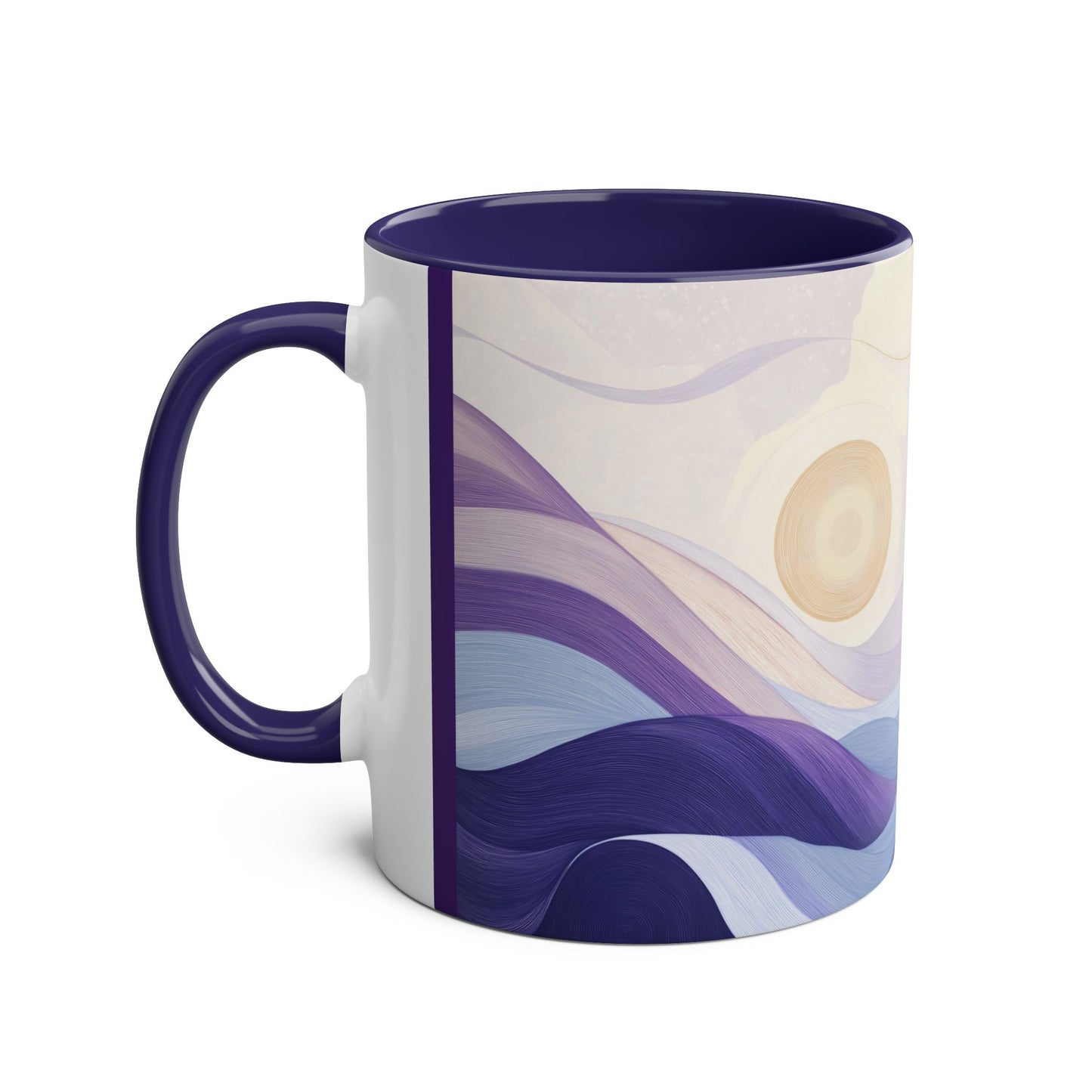 Zweifarbige Kaffeetasse „Tranquil Sunrise“, 11 oz – Friedliches Landschaftsdesign mit drei Akzentfarben zur Auswahl