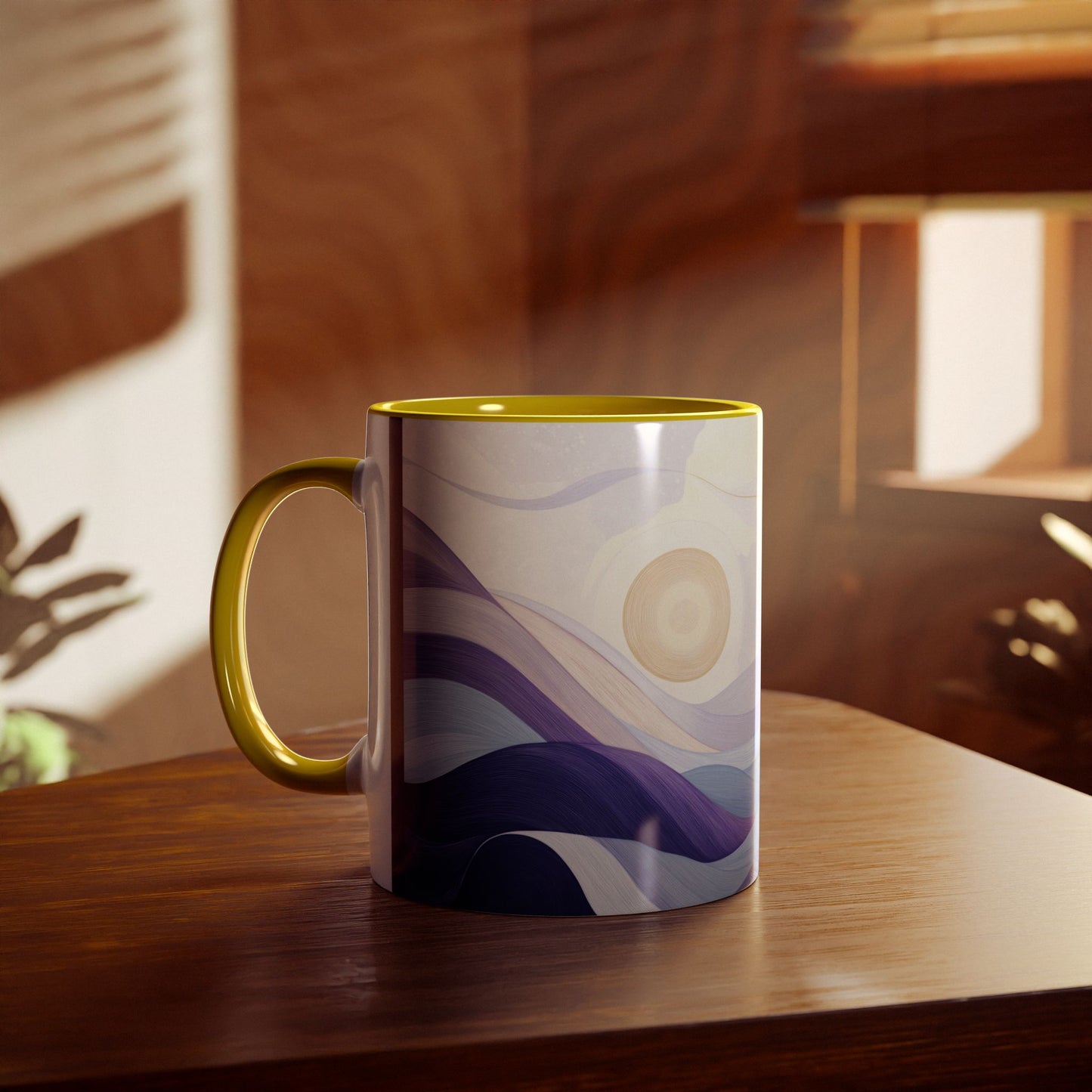 Zweifarbige Kaffeetasse „Tranquil Sunrise“, 11 oz – Friedliches Landschaftsdesign mit drei Akzentfarben zur Auswahl