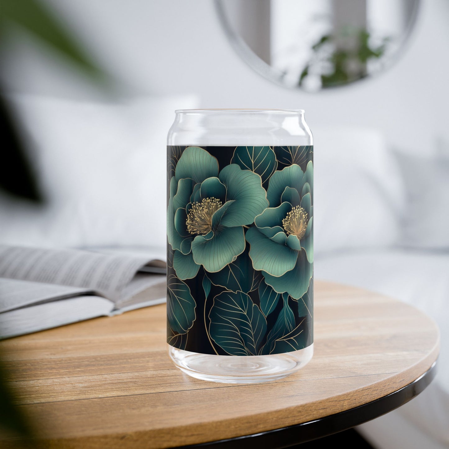 Trinkglas mit Blumenmuster | 16 oz | Klares gehärtetes Glas mit optionalem Bambusdeckel und Strohhalm