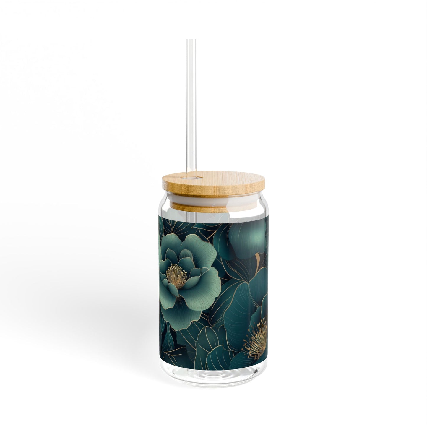 Trinkglas mit Blumenmuster | 16 oz | Klares gehärtetes Glas mit optionalem Bambusdeckel und Strohhalm